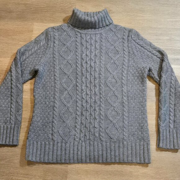 LL Bean Chunky Cable Knit Wool Blend Sweater Womens Size Large Turtleneck Gray - Picture 1 of 6